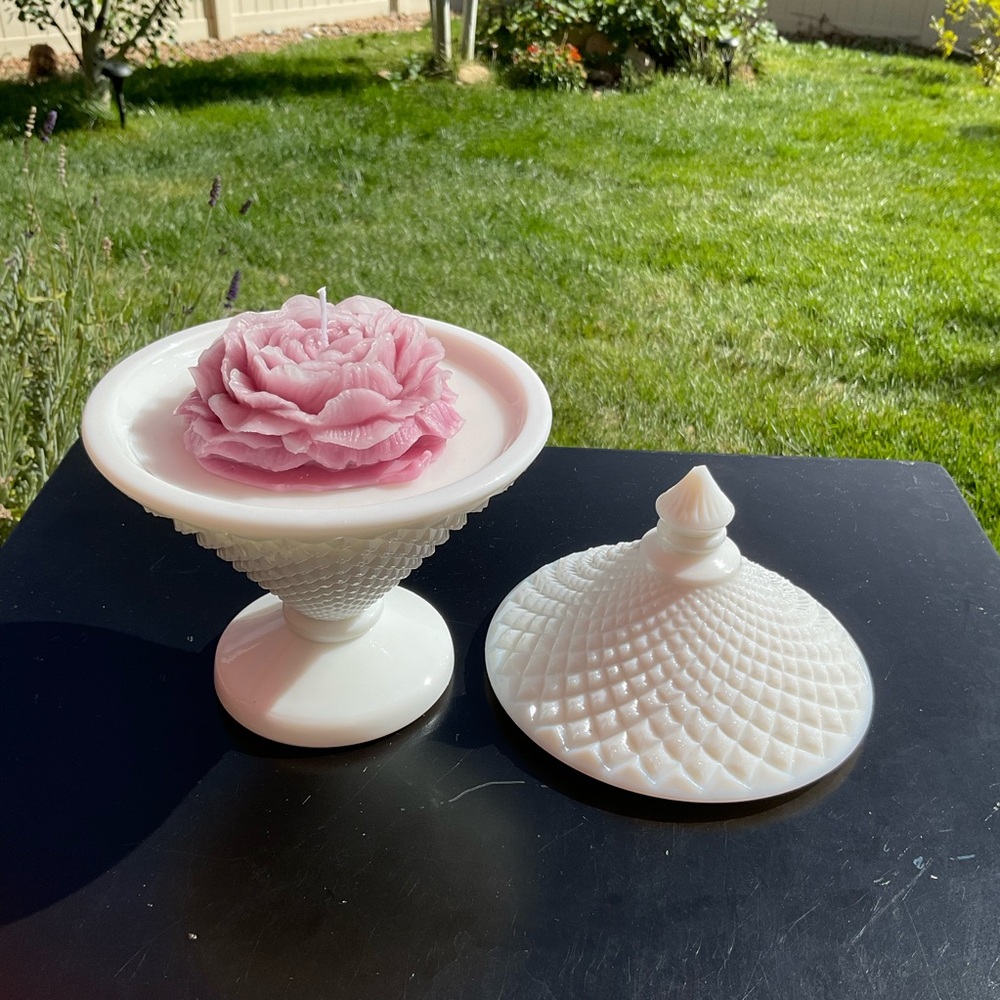 Vintage Milk Glass White Lidded Dish with diamond pattern made into a candle